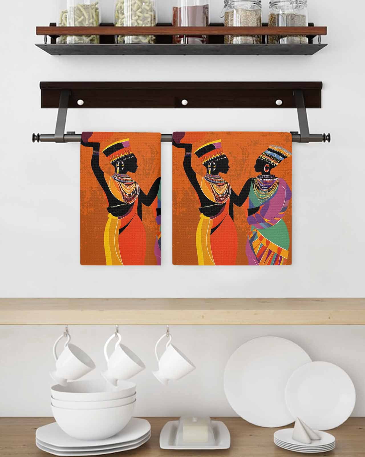 Black Orange Girls Boho Hand Towels Set, Waffle Weave Kitchen Towels 4 Pieces, Retro Ethnic Abstract Art Microfiber Hair Face Bath Tea Towel Absorbent Quick Drying Cleaning Dish Cloths 15.7"x23.6"