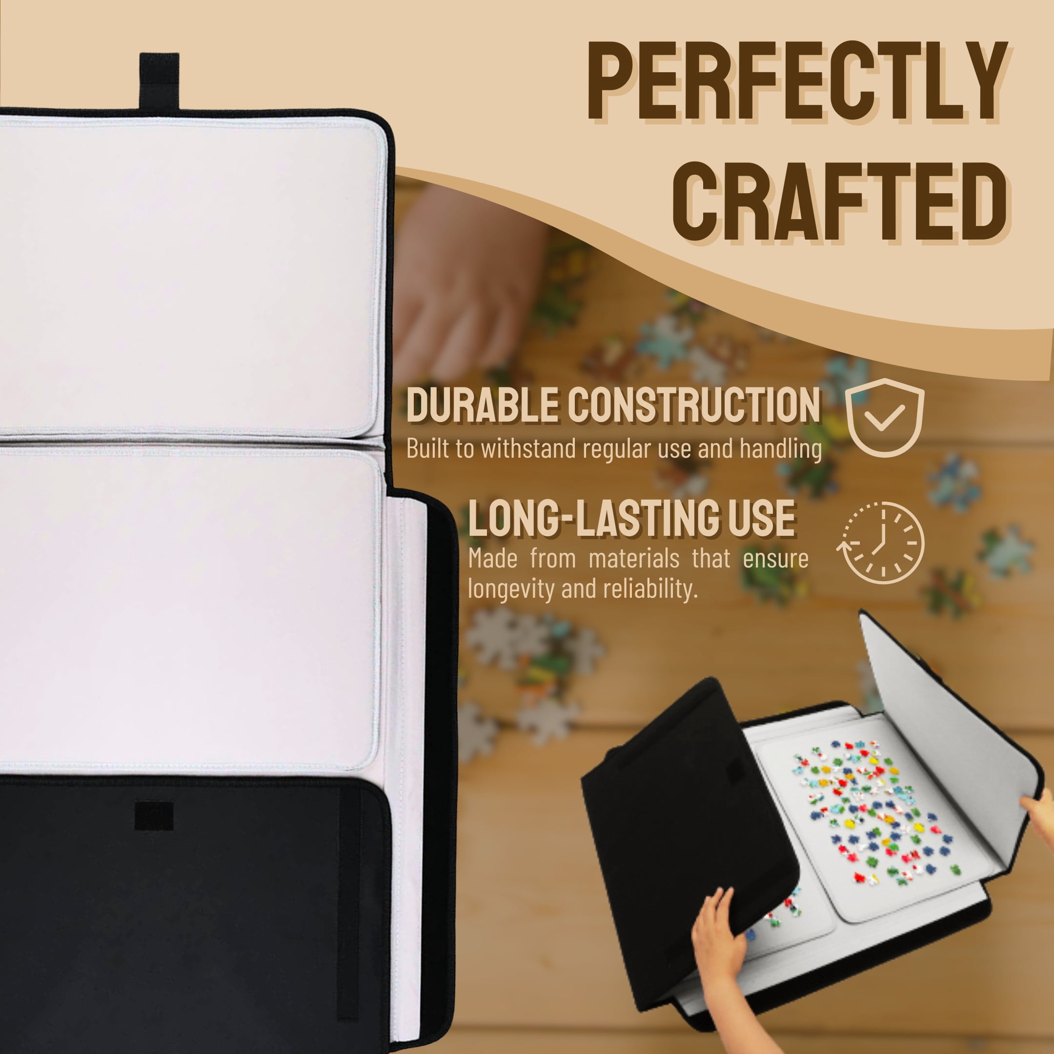 Boîte de rangement portable pour puzzles Tradeopia noire pour jusqu'à 1000 pièces, avec plateaux de tri et plateau détachable.