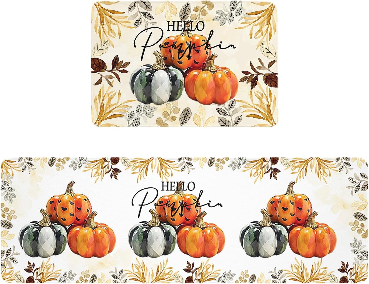 Hello Pumpkins Kitchen Floor Mats, Mid Century Boho Leaf Plant 2 PCS Anti Fatigue Area Runner Rugs Set Watercolor Botanical Non-Slip Bathroom Comfort Standing Mat Home Decor
