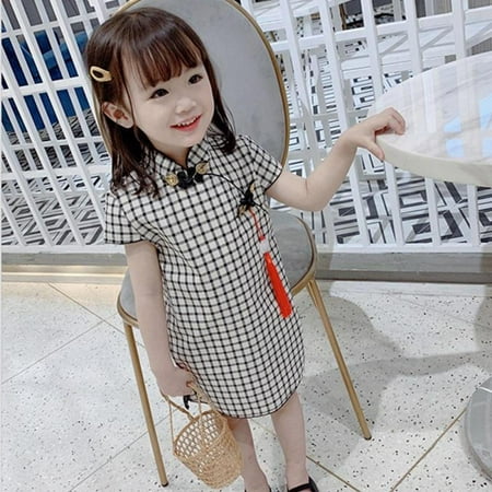 

Toddler Baby Girl Dress Chinese Asian Qipao Plaid/Floral Printed Cheongsam Short Sleeve Summer Dress 1-6 Years