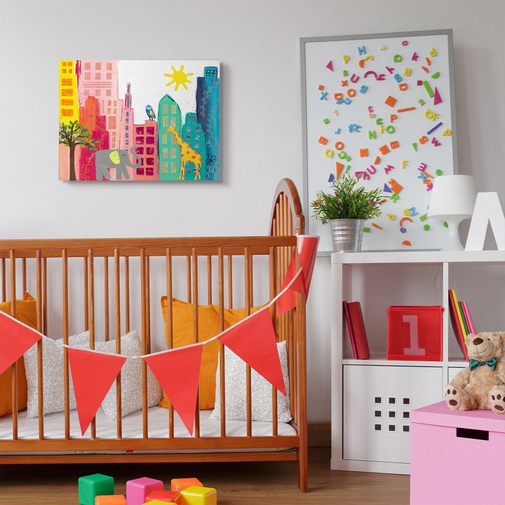 Stupell Industries Kid's Safari Animal City Scene Elephant Giraffe Owl Canvas Wall Art Design by Jennifer McCully, 24" x 30"