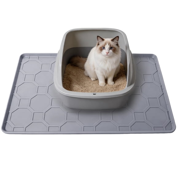 Cat Litter Mat 34 x 22 in, Silicone Litter Tray Pad with Raised Edge, Large Waterproof Pad with Hex Pattern Surface, Easy Clean Floor Protector for Cat Potty Food Bowl, Grey
