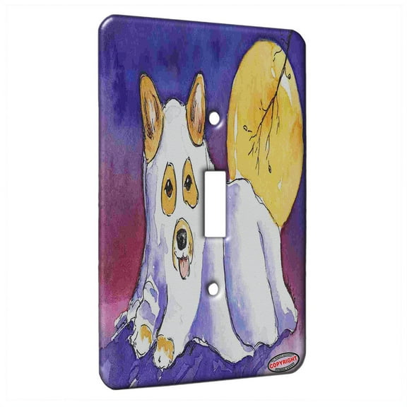 KuzmarK™ Single Gang Toggle Switch Wall Plate - Ghostie Corgi Halloween Dog Art by Denise Every