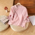 thumbnail image 2 of MIXUE Womens Summer Tops Solid Color Floral Embroidered Round Neck Long Sleeve Loose Retro Shirts For Women Tshirts Outwear,Pink,XXL, 2 of 3