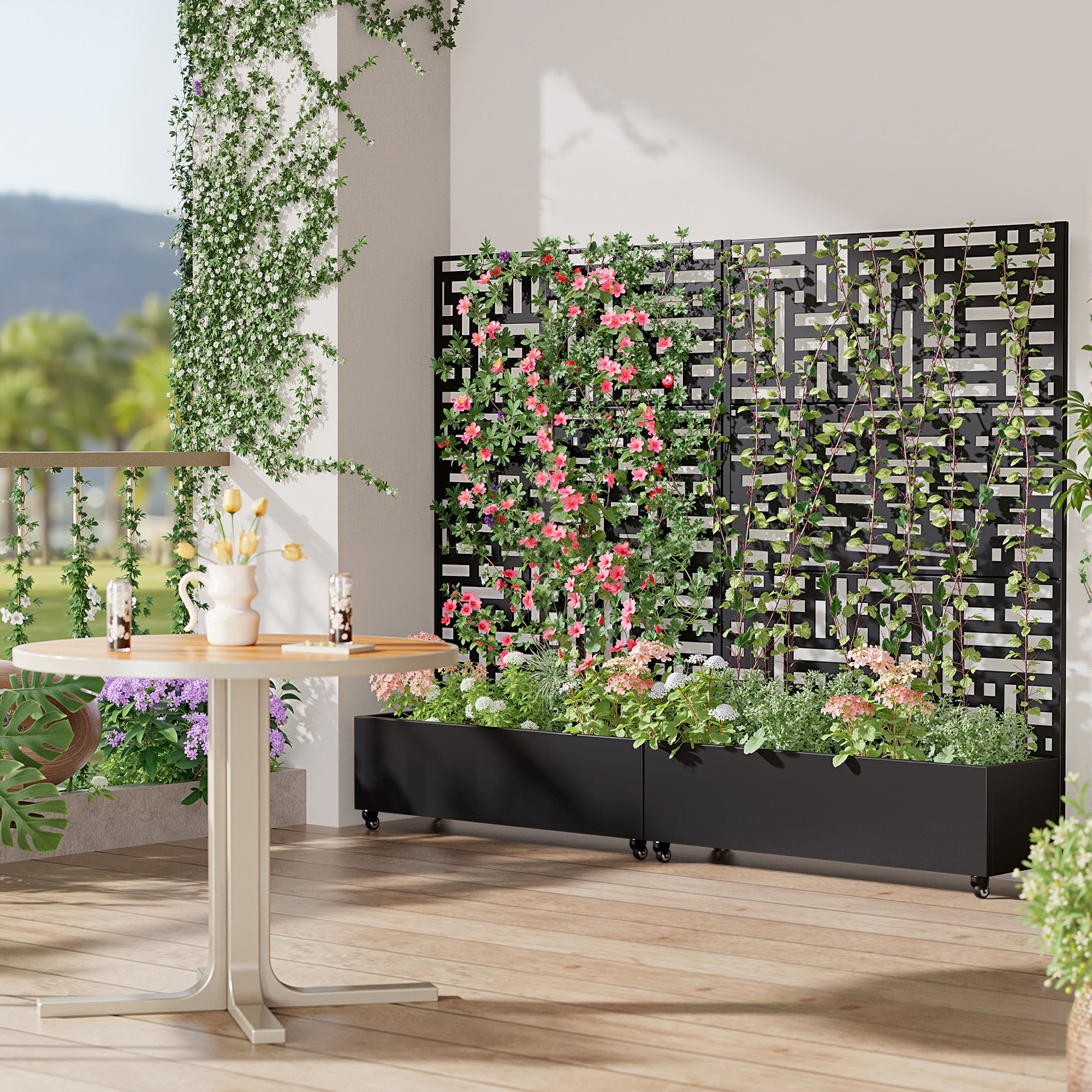 MAYEERTY 47*16*72" Outdoor Black Metal Planter Box with Trellis for Climbing Plants, Street Pattern Panel