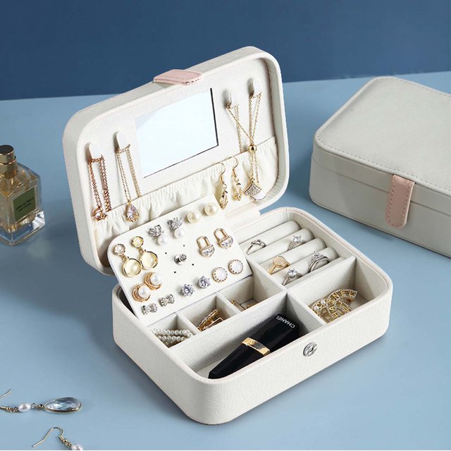 Jewelry Storage Box for Women, Jewelry Storage Organizer, Portable Travel Synthetic Leather Jewelry Box Storage Case with Mirror, for Necklace Earring Rings Sparkle Jewelry Holder Case -Pink