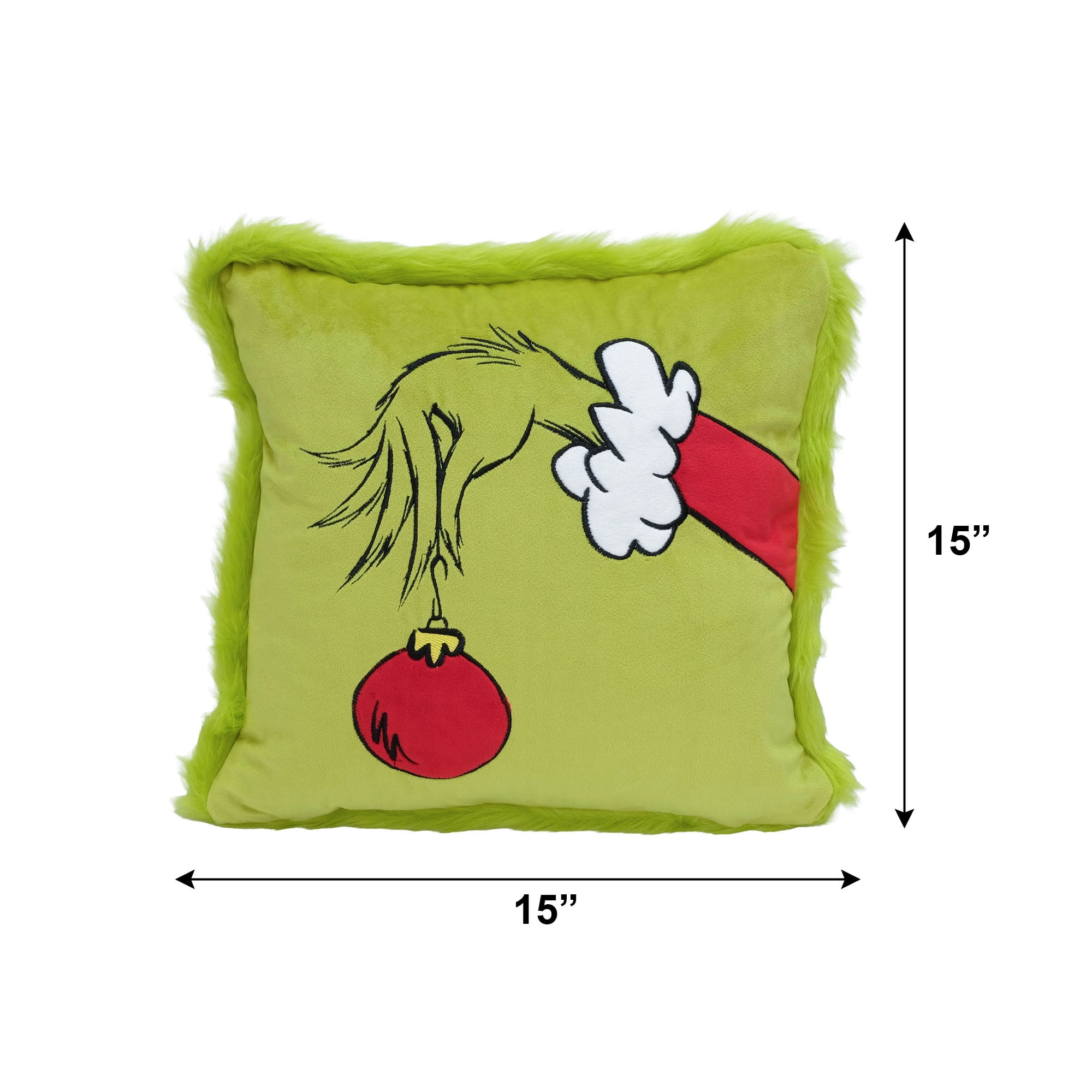 Dr. Seuss The Grinch Holiday Decorative Throw Pillow with Green Faux-Fur Trim and Ornament Design