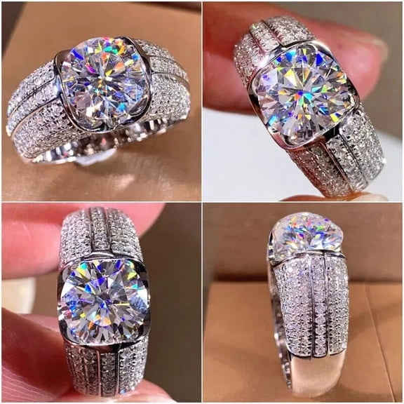 3.00Ct Round Cut Simulated White Diamond Cluster Mens Pinky Wedding Ring 14K White Gold Plated 925 Silver