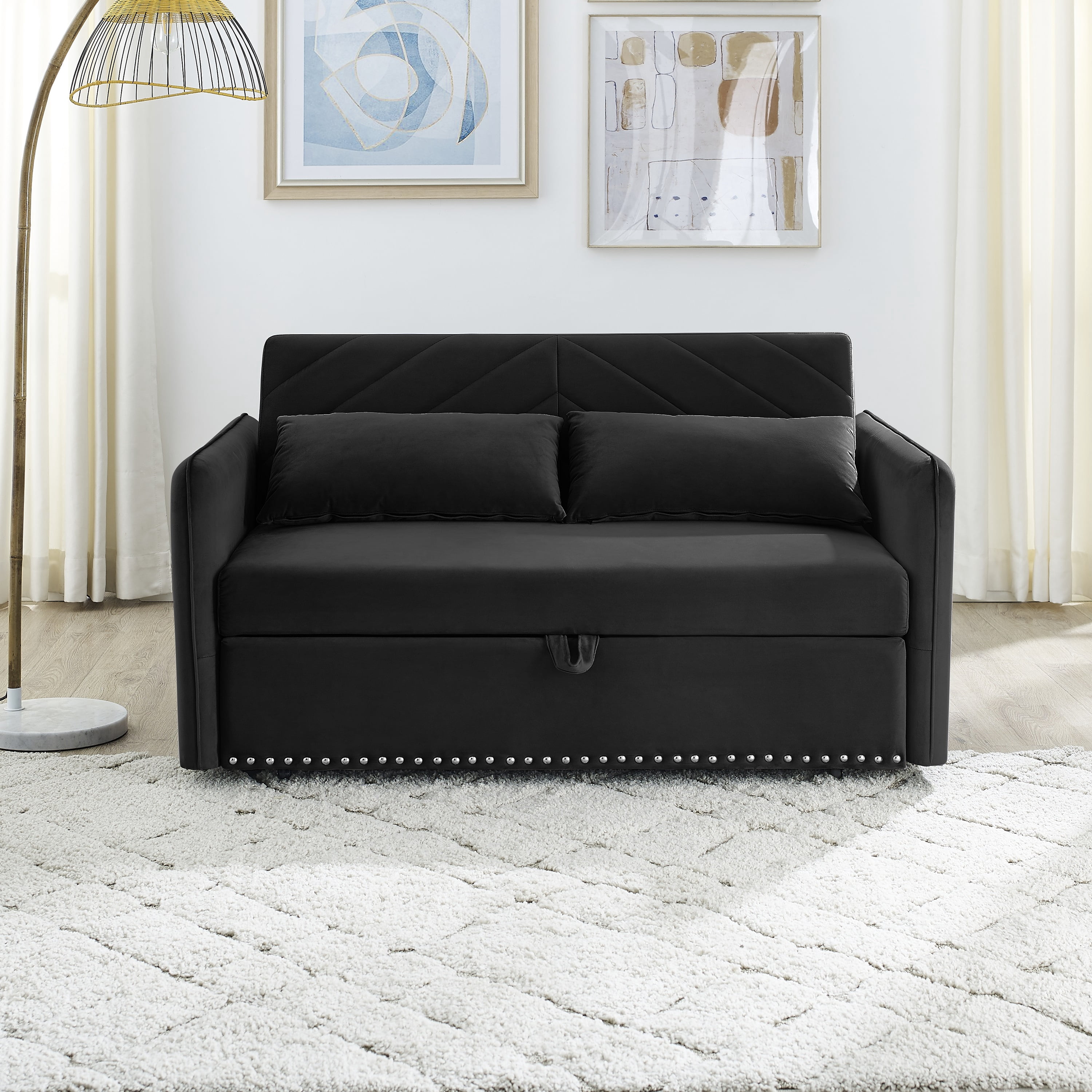 DEALTOPS Home Velvet USB Sleeper Sofa Couch Bed, Black