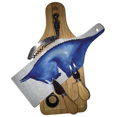 

KuzmarK Wine & Cheese Glass Cutting Board Wood Box Gift Set - Warmblood Sports Horse in Blue Abstract Horse Art by Denise Every
