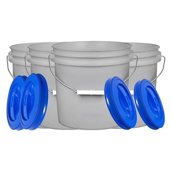 2 Gallon Grey Food Grade Plastic Bucket with Screw on Lid - Made in USA Container- Pack of 4