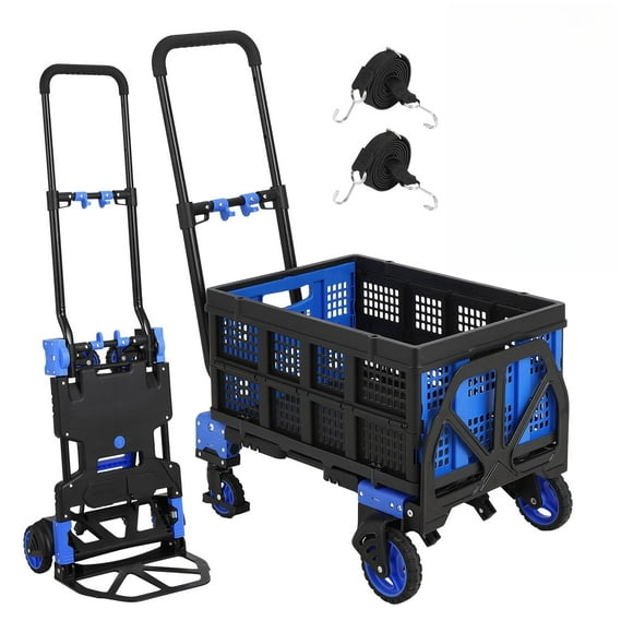Kojooin Folding Hand Truck Dolly with Folding Basket,2 in 1 330LBS Capacity Carts with Wheels Platform Truck, with 4 Wheels and Retractable Handle(Blue)
