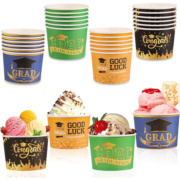 24pcs Graduation Party Supplies Ice Cream Bowls Disposable Congrats Grad Treat Snack Cups class of 2025 Party Decorations Paper Snack Soup Cups 8 oz Paper Yogurt Dessert Bowls