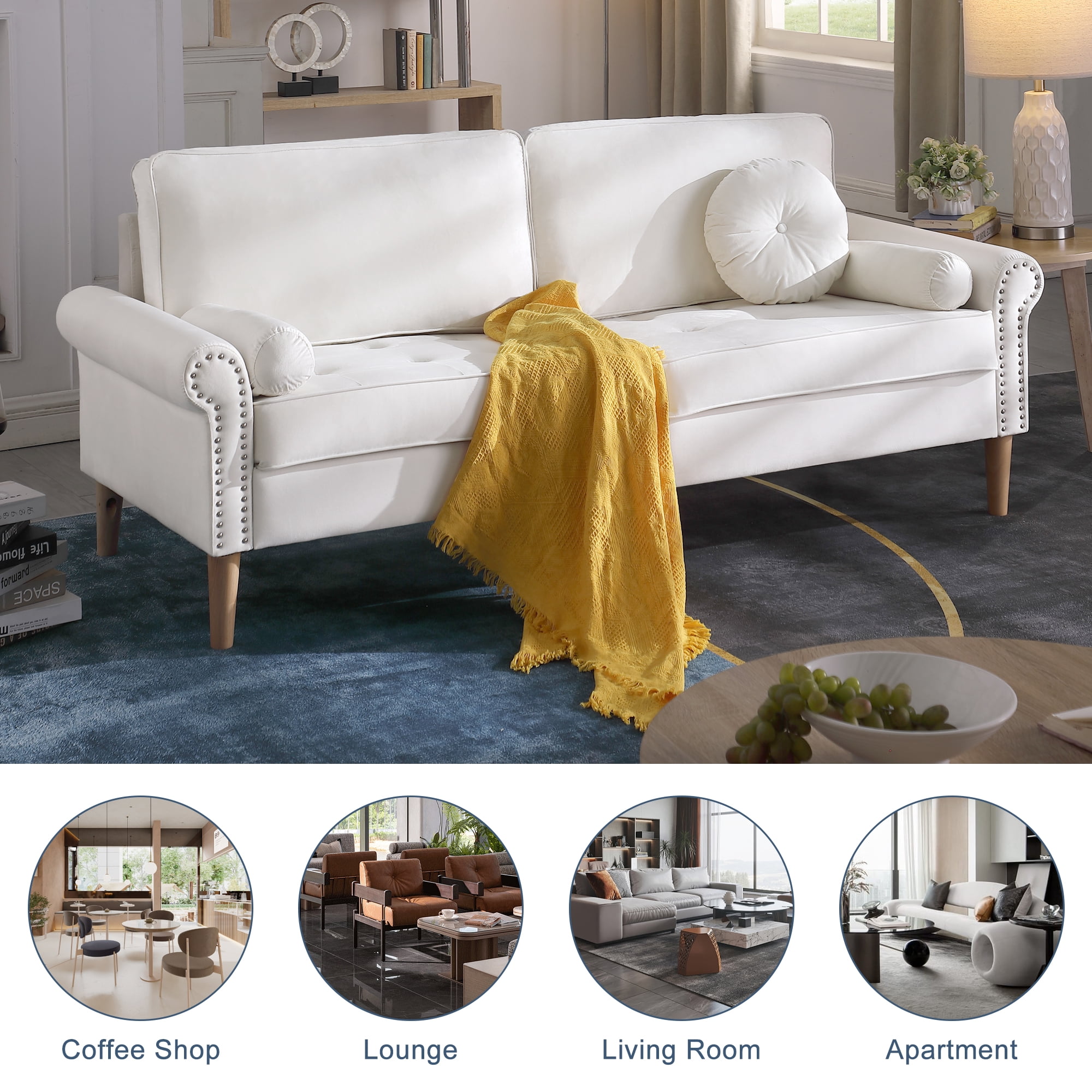 Aukfa 77.2" Sofa Couch, 3-Seater Sofa with Copper Nail and 3 Pillows, Velvet Loveseat for Living Room - White