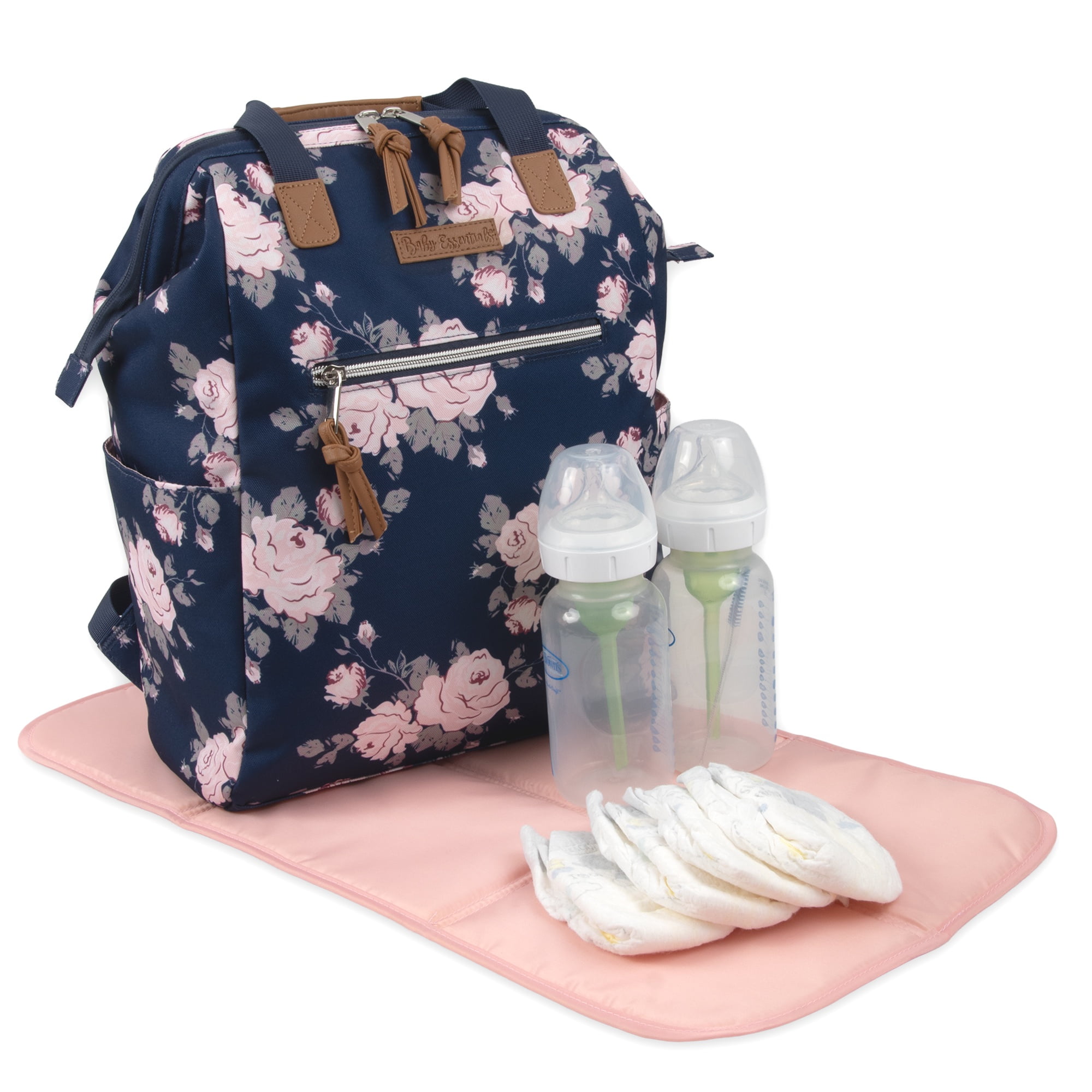 Baby Essentials Super Cooler Main Frame Dual Zipper Closure Diaper Bag Backpack Tote with Matching 6-Ply Changing Pad, Insulated Bottle Pocket and Stroller Straps in Navy Blue Floral