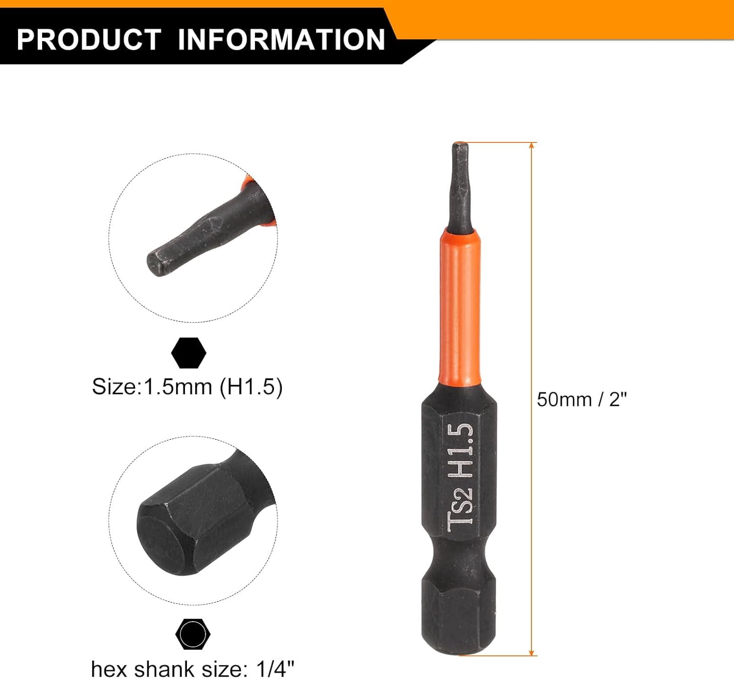FRKSMD-5pcs Hex Head Wrench Drill Bit 1.5mm(H1.5) Metric 1/4" Hex Shank 2"(50mm) Length S2 Steel Magnetic Impact Drivers Screwdriver Bit Hexagon Electric Drill Bits