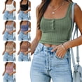 thumbnail image 1 of Mujeres casual crop top chaleco cuadrado Masajeadores de cuello sin mangas tejer blusa con botón frontal para las mujeres verano desgaste verde M, 1 of 6