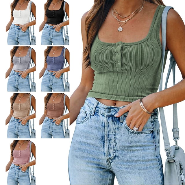 Mujeres casual crop top chaleco cuadrado Masajeadores de cuello sin mangas tejer blusa con botón frontal para las mujeres verano desgaste verde M