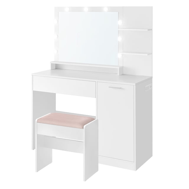 VASAGLE Vanity Desk with Mirror and Lights, 43.3-Inch Wide Makeup Vanity with Upholstered Vanity Stool, Power Outlets, Dimmable LED Lights, Storage Drawer, for Bedroom, Cloud White