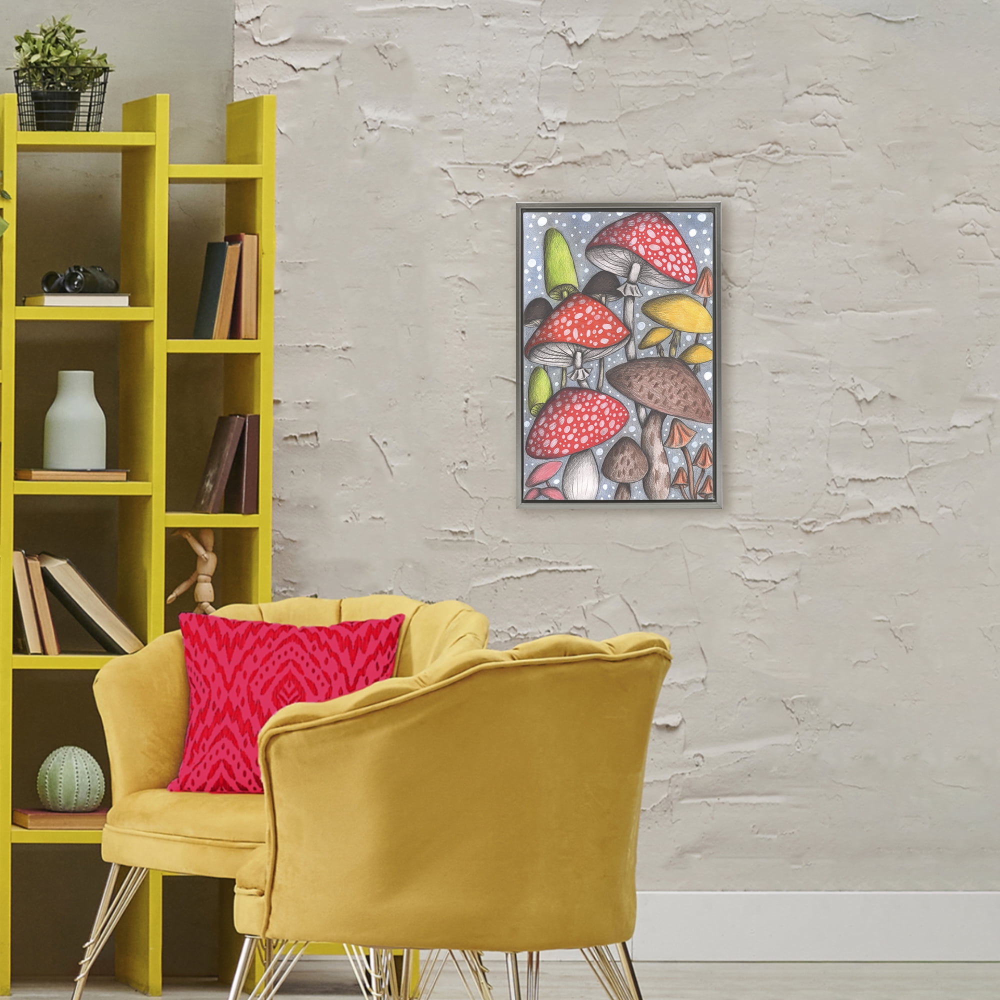Sketched Magical Mushrooms Gray Framed Floater Canvas Wall Art, design by Cecilia Battaini