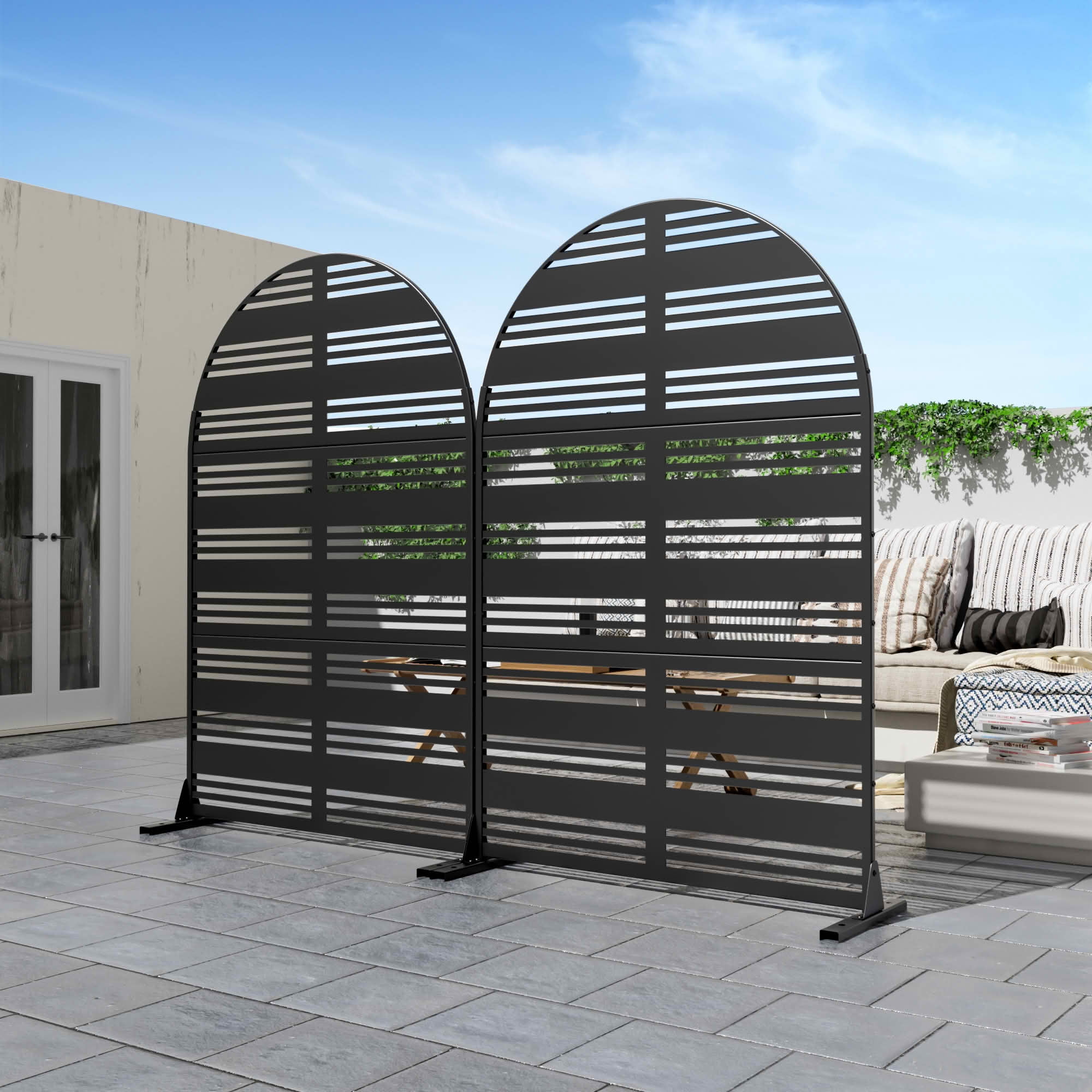MAYEERTY 72x47x16 Inch Black Wide 1 Narrow 2 Louvered Arched Galvanized Steel Privacy Screen, 3 Piece Set for Outdoor Street