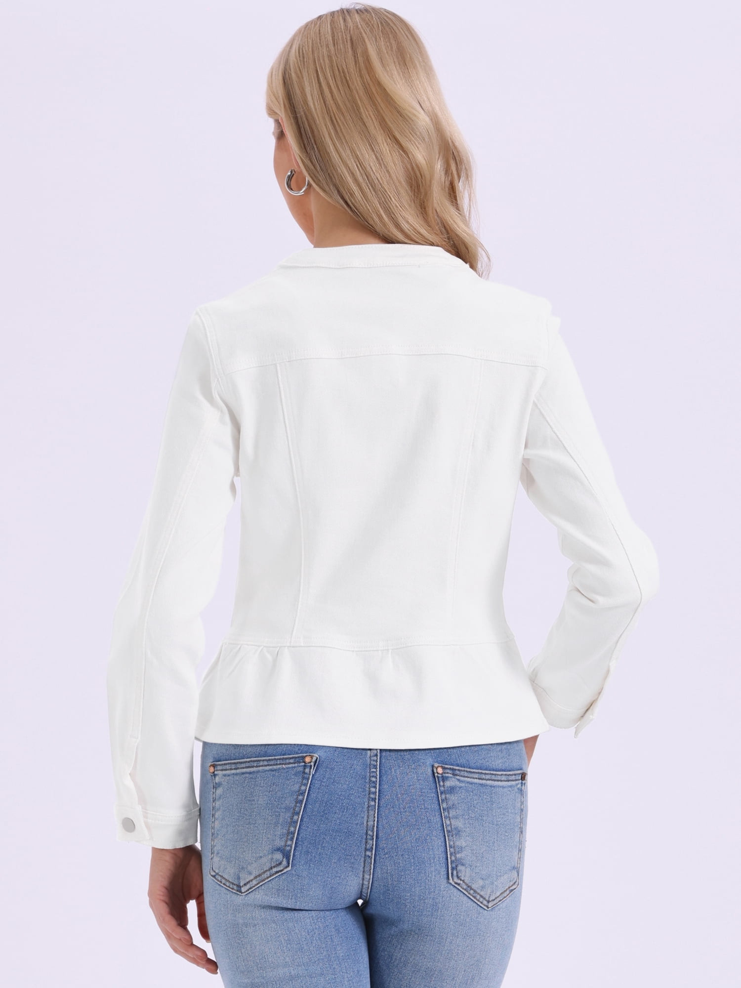 DARING DIVA Women's Peplum Hem Button Down Collarless Jean Jacket L White