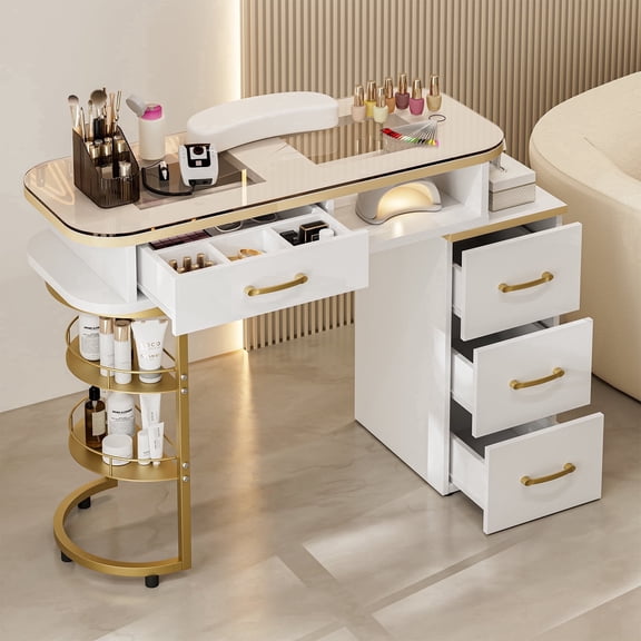 Manicure Table for Nail Tech, Glass Top Nail Desk Station w/4 Drawers & 2-Tier Storage Shelves, Salon Beauty Workstation Acetone Resistant w/Wrist Cushion, Golden Handles (White)