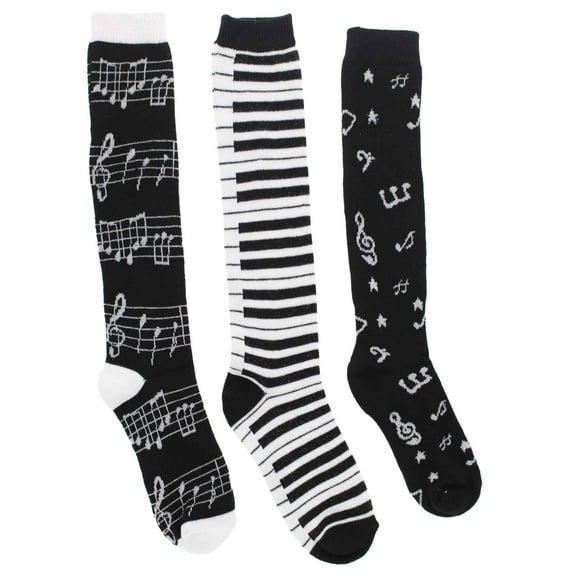 Girl's Black White Music Notes, Piano Keys, Instruments Knee High Socks, (3Pr)