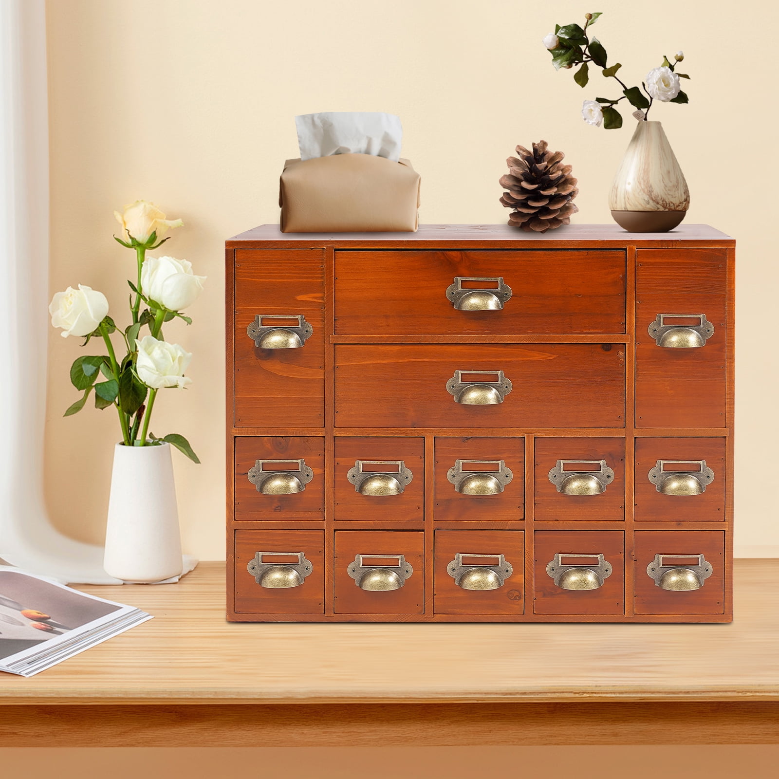 Tabletop Apothecary Cabinet, Wooden Drawers Storage Cabinet Storage Cabinet w/ 14 Drawers Drawer Organizer Storage Box for Desktop Organizer (Old Brown Color)