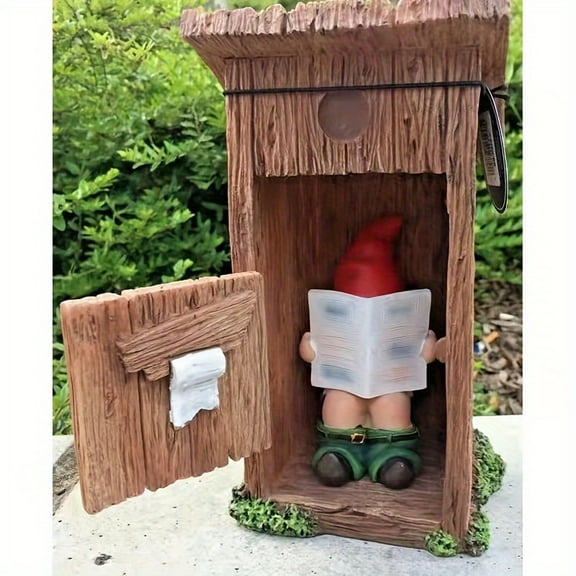 1pc, Rustic Resin Garden Gnome Reading Newspaper, 3D Whimsical Open-Door Outhouse Figurine, Funny Gift For Home & Outdoor Garden Decor