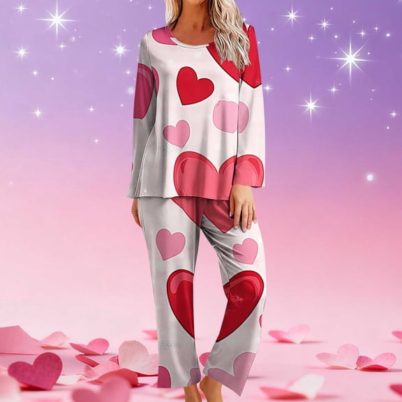 FDGIU Women's Valentine's Day Pajama Set - Long Sleeve Heart Print Top & Casual Pants Soft 2 Piece Sleepwear