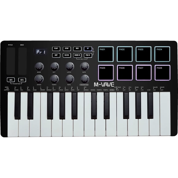 Teclado MIDI M-VAVE de 25 teclas y 8 almohadillas de batería retroiluminadas con Keytar