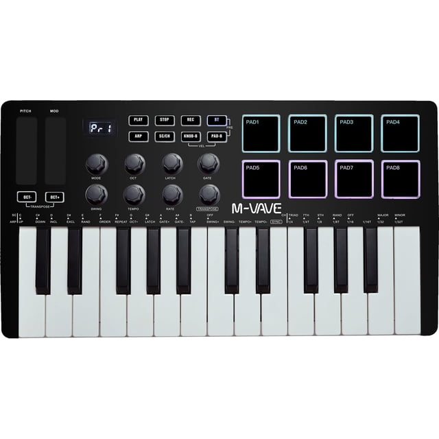 Teclado MIDI M-VAVE de 25 teclas y 8 almohadillas de batería retroiluminadas con Keytar