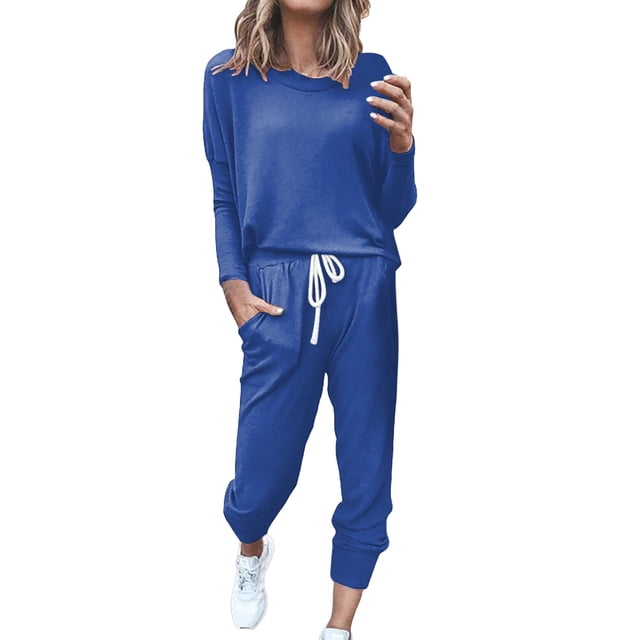 Conjunto de jogging de 2 piezas para mujer: camiseta de manga larga y pantalones de chándal con cordón. Conjunto informal de poliéster para todas las estaciones.
