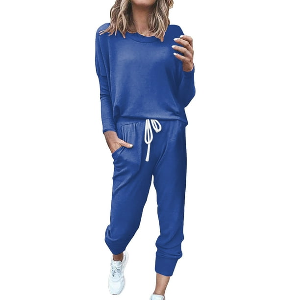 Conjunto de jogging de 2 piezas para mujer: camiseta de manga larga y pantalones de chándal con cordón. Conjunto informal de poliéster para todas las estaciones.