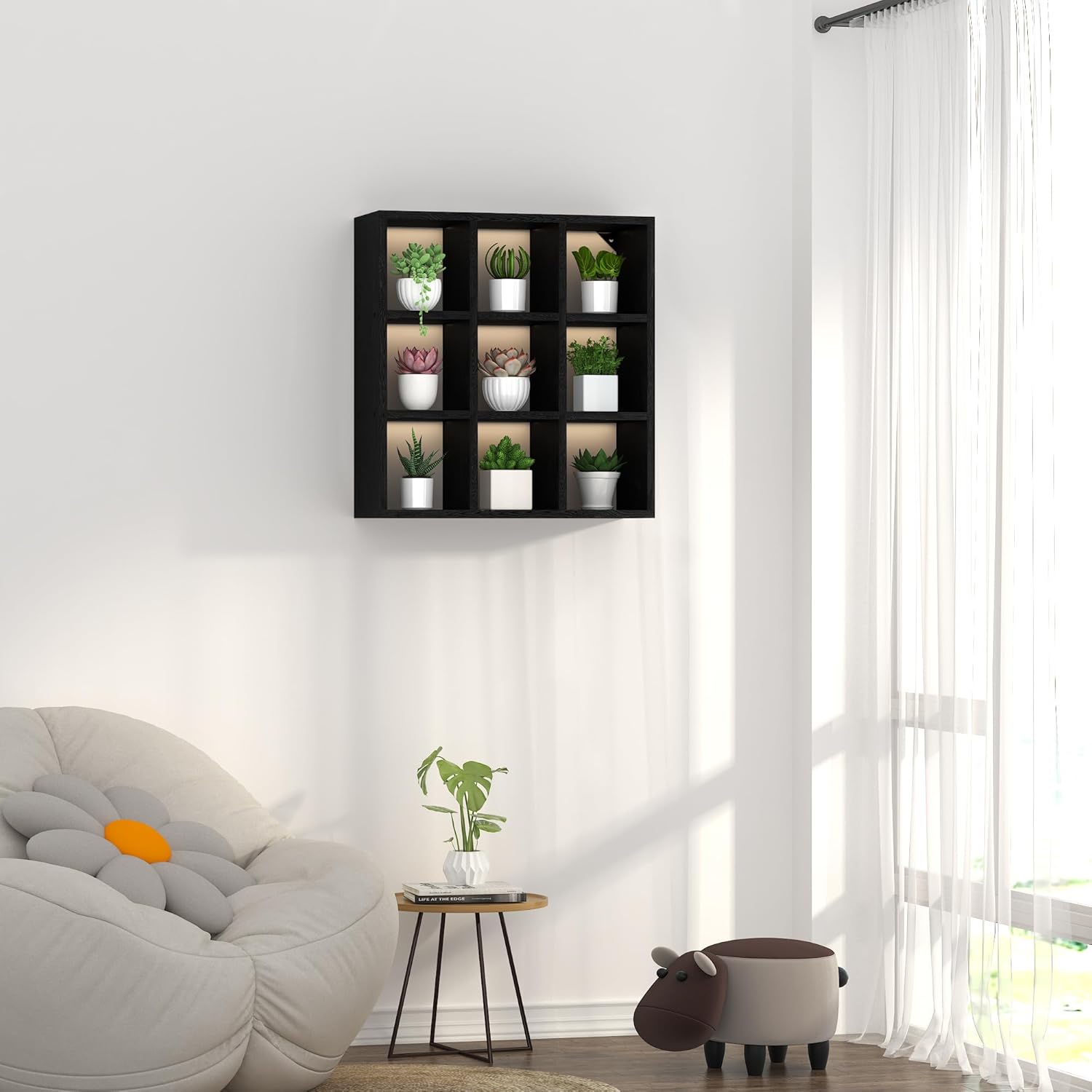 9 Grid Vintage Coffee Mug Display Rack, 16inch Wall Mounted Wooden Curio Shadow Box Shelf, Cup Floating Shelves Display and Organizer (Black)