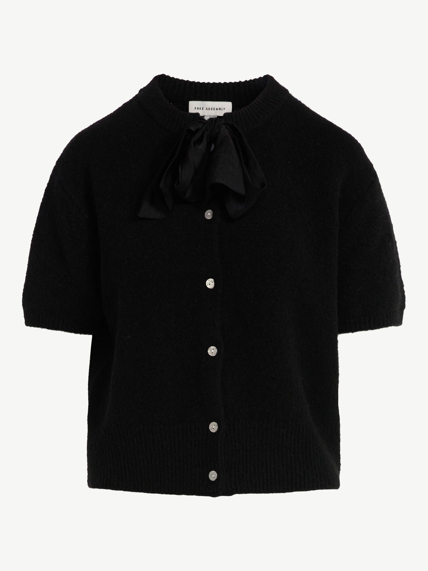 Free Assembly Women's Button-Front Bow Sweater with Short Sleeves, Midweight, Sizes XS-XXL