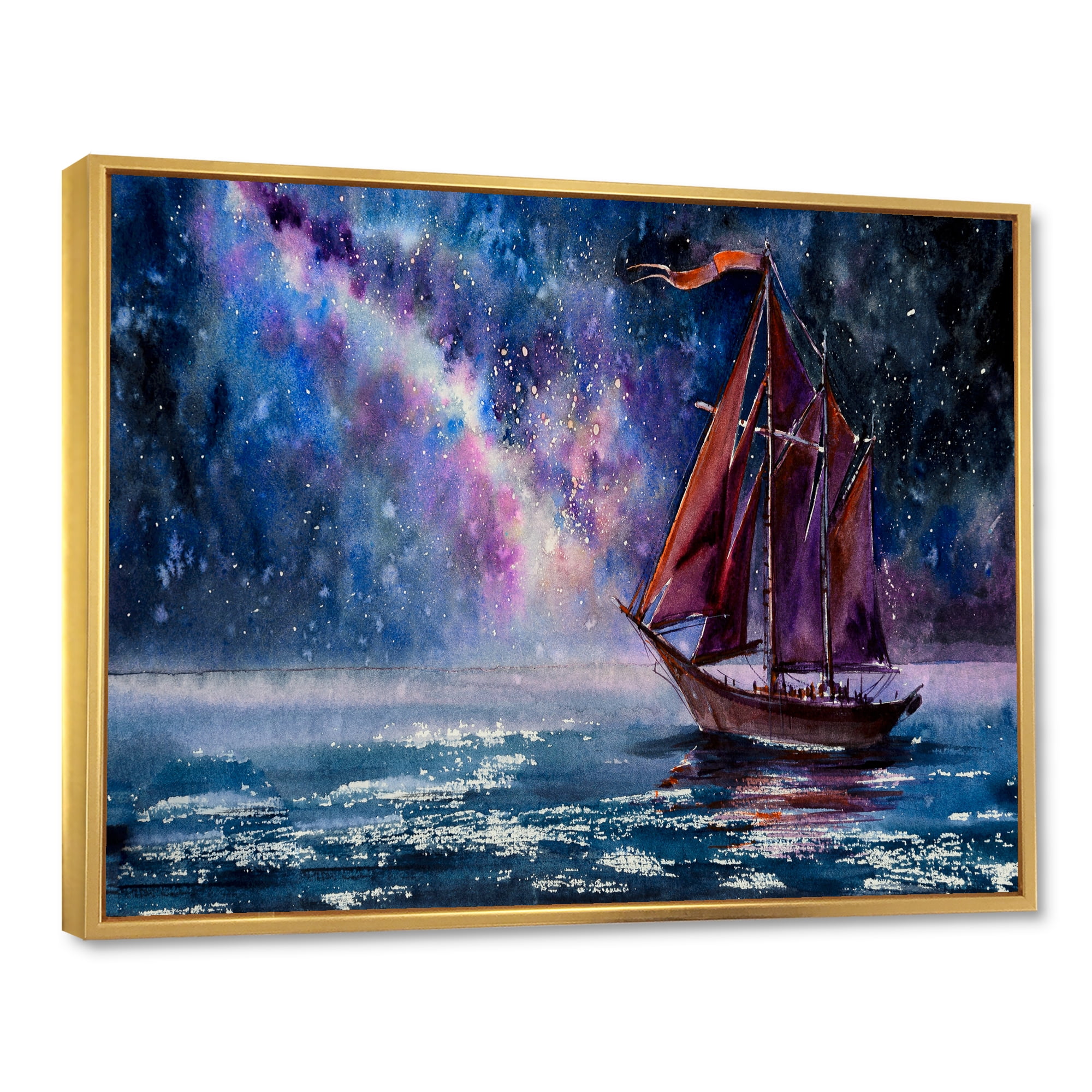 Designart 'Red Sails & Bright Night Sky With Wooden Sailboat' Nautical & Coastal Framed Canvas Wall Art Print