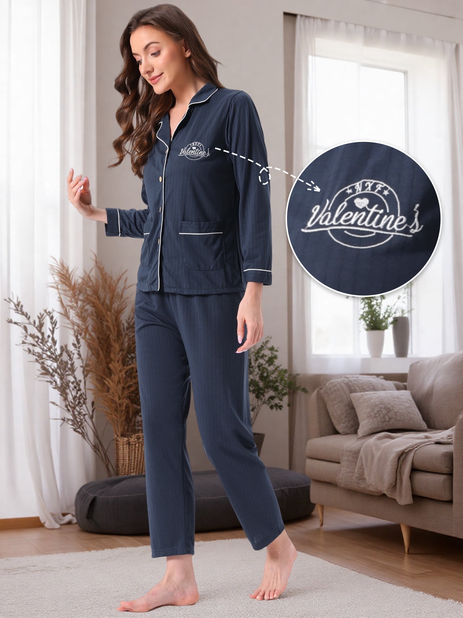 DARING DIVA Cotton Pajamas Long Sleeve Lounge Sets Button Down Pants M Navy