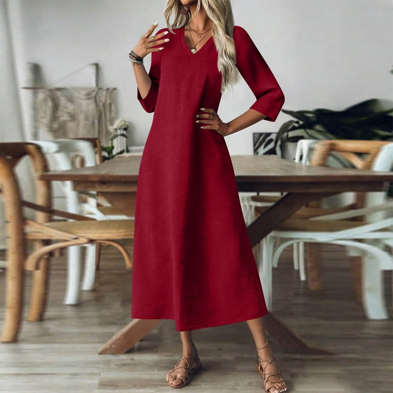 Fmbrln Dresses for Women 3/4 Sleeve V Neck Long Dress Summer Casual Loose  Solid A-Line Dress - Walmart.com