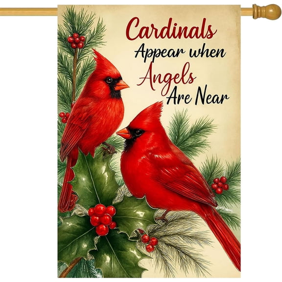 Spring Garden Flag Double Sided Cardinal Yard Flag With Pine Holly, 28 x 40 Inch Outdoor Seasonal Farmhouse Lawn Welcome Decor