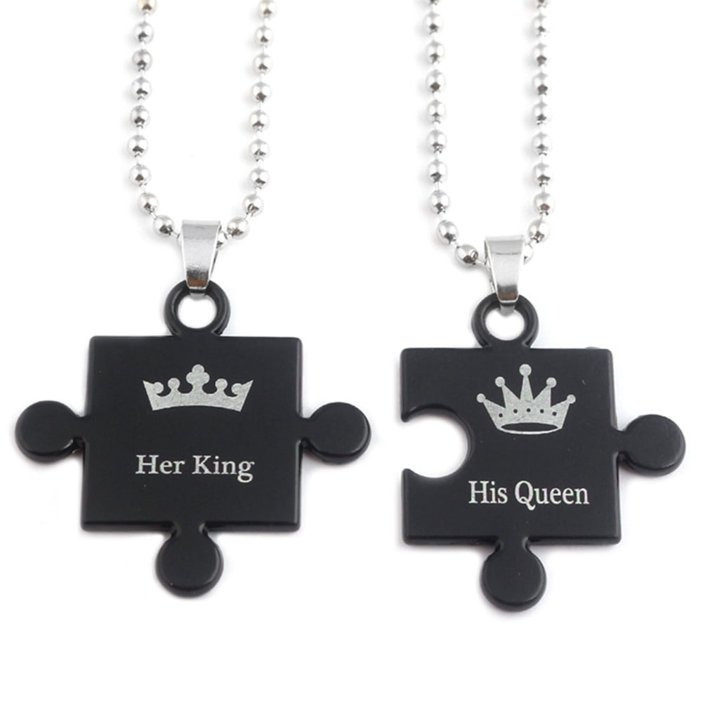 A Set of 2pcs K/King Q/Queen Love Heart Crown Pattern Jigsaw Shape Stainless Steel Pendant Necklace Golden-YDAN41 