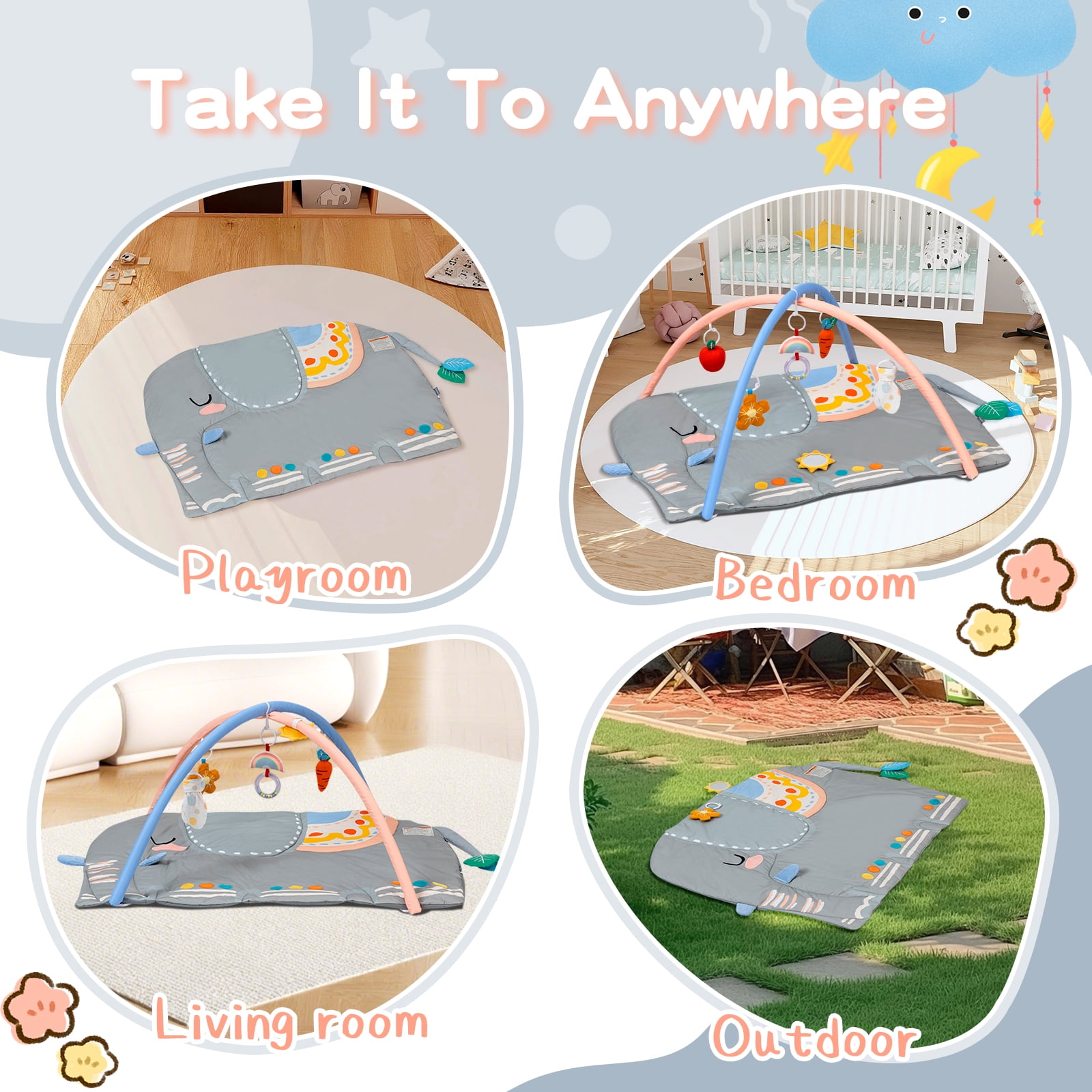BEINGMATE Care Baby Play Gym Tummy Time Mat, Oversize Elephant Activity Mat with 6 Detachable Toys, Promote Motor Skills & Sensory Development Mat, Newborn Infant Baby Essentials Gift
