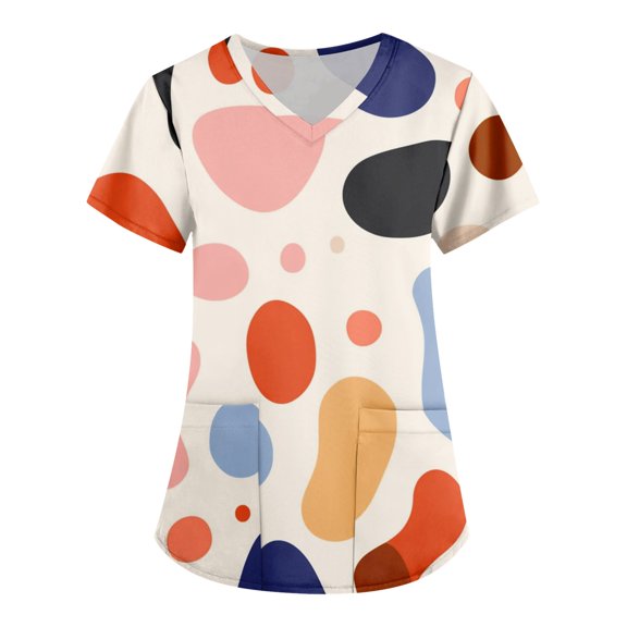 Womens V Neck Short Sleeve Workwear Top with Pockets Polka Dot Print Non Positioned Print Suitable for Caregivers and Nurses Beige L