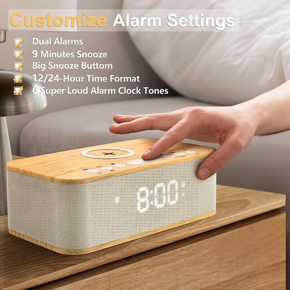 ZXNYH Digital Alarm Clock Bluetooth Speaker, Wireless Charging Alarm Clock Bedroom, Digital Dual Alarm Clock Bedroom USB Charging Port Snooze Sleep Timer 12 24H Dimmer Easy to Set for Heavy Sleepers