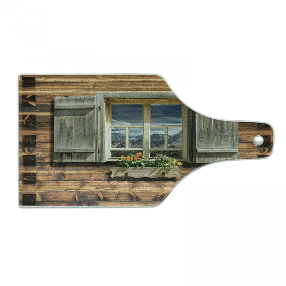 Shutters Cutting Board, Weathered Facade of a Mountain Hut with Summer Mountain Reflections on Window, Tempered Glass Cutting and Serving Board, Wine Bottle Shape, Brown Green, by Ambesonne