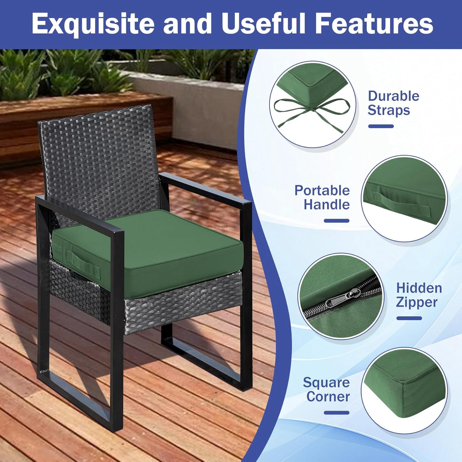 Outdoor Patio Chair Cushions Set of 4, 19" x 19" x 3", Waterproof, with Handles and Ties, Forest Green