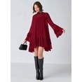 thumbnail image 3 of Burgundy Flare Sleeve Ruffle Hem Mini Dress with Tie Neck, 3 of 30