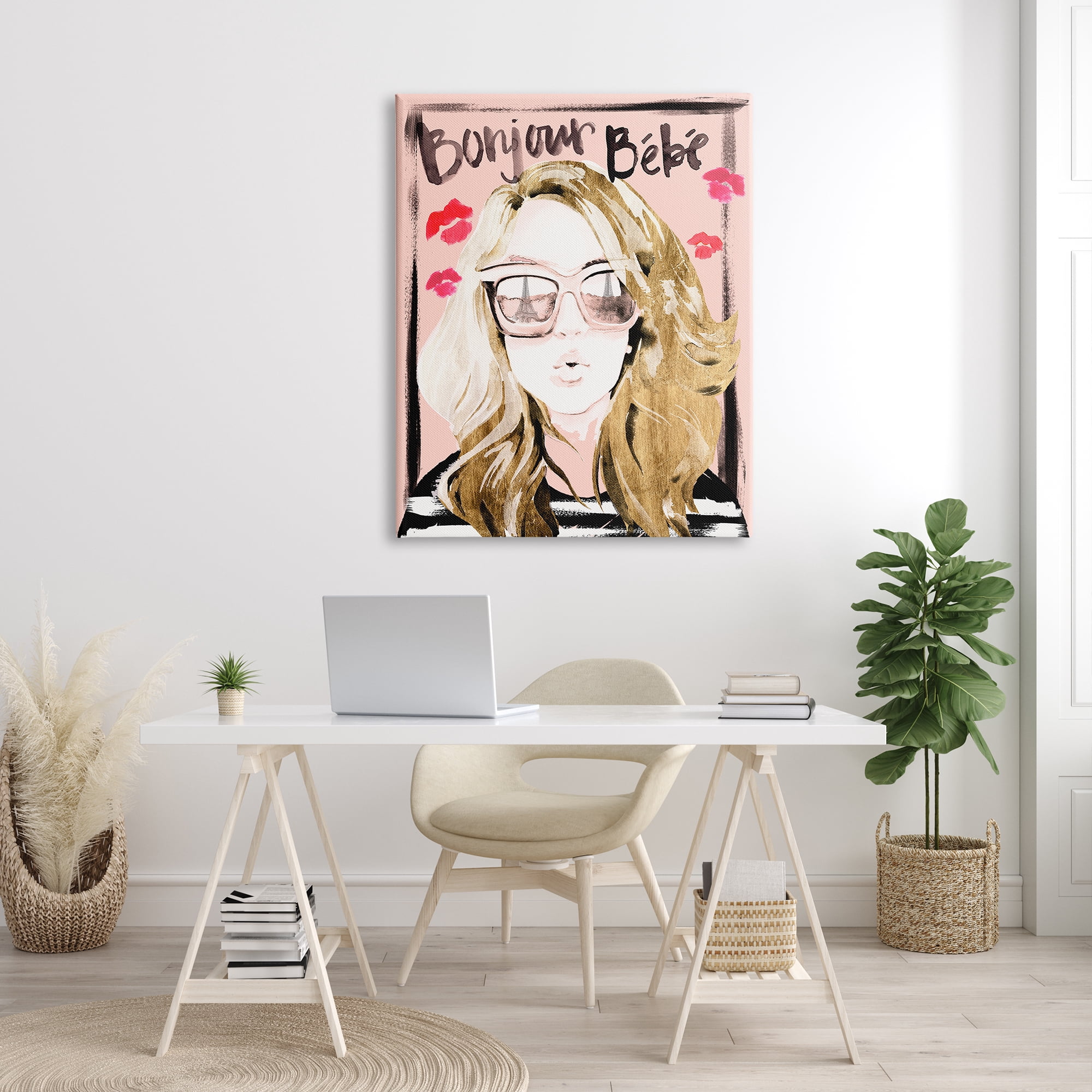 Stupell Industries Bonjour Bebe Sentiment Glam Parisian Woman Pink Shades Beauty & Fashion Painting Gallery Wrapped Canvas Print Wall Art, 36 x 48