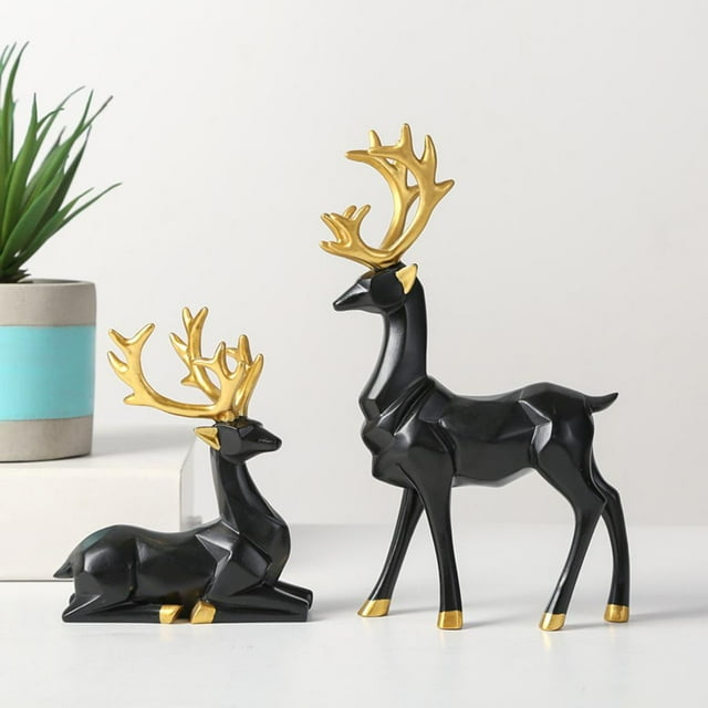 Estatua de Ciervo perfecl Decoración de Oficina Resina 2 Uds Negro